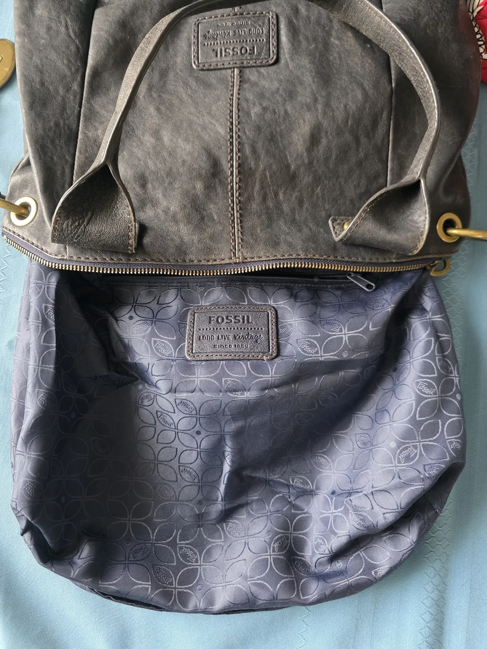Fossil Long Live Vintage Black Pewter Metallic Leather Cargo Satchel Bag Y2K
